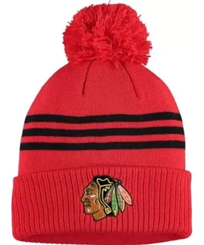 adidas Men's NHL Chicago Blackhawks Locker Room Three Stripe Cuffed Knit Hat with Pom