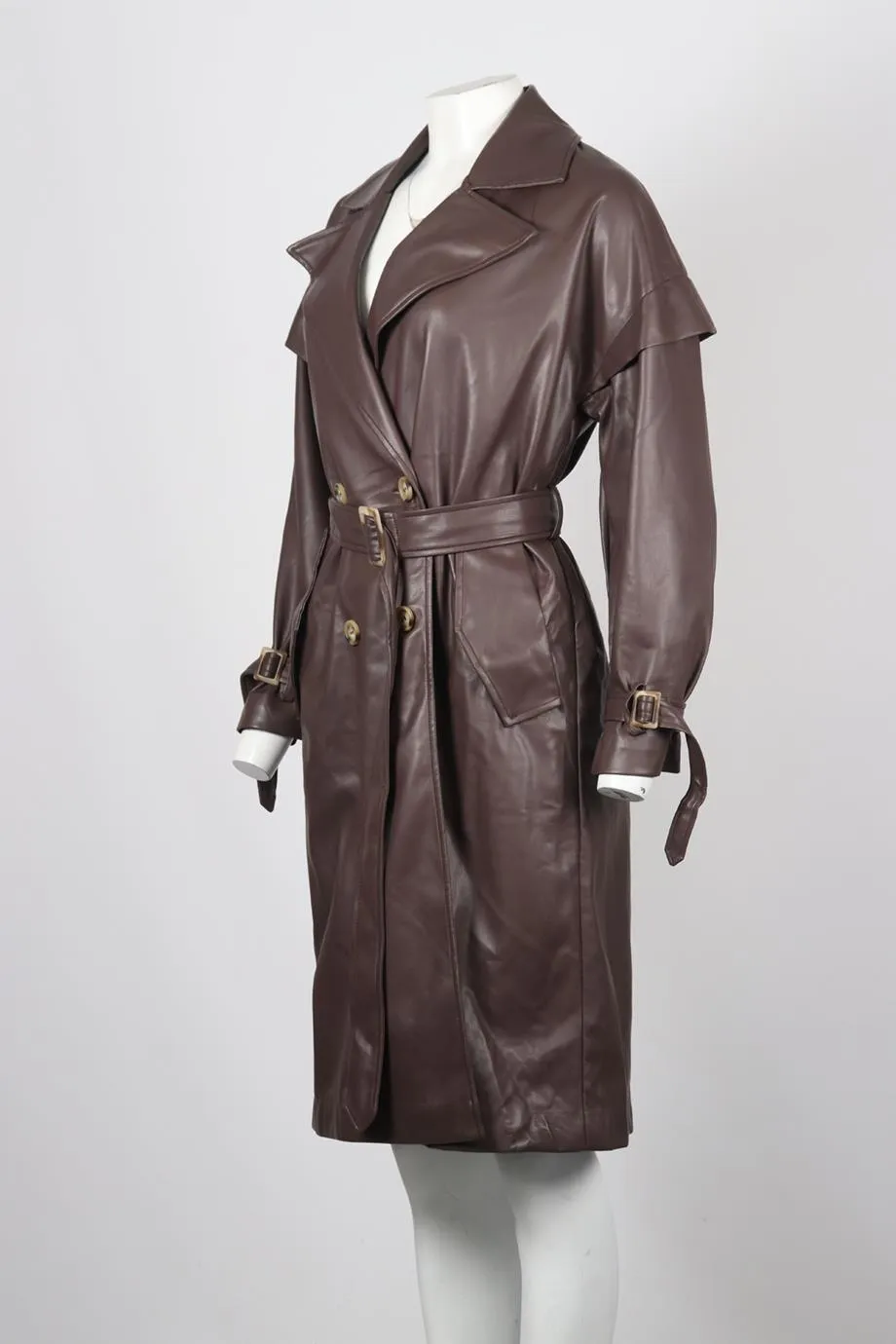 APPARIS BELTED DOUBLE BREASTED FAUX LEAHER TRENCH COAT XSMALL