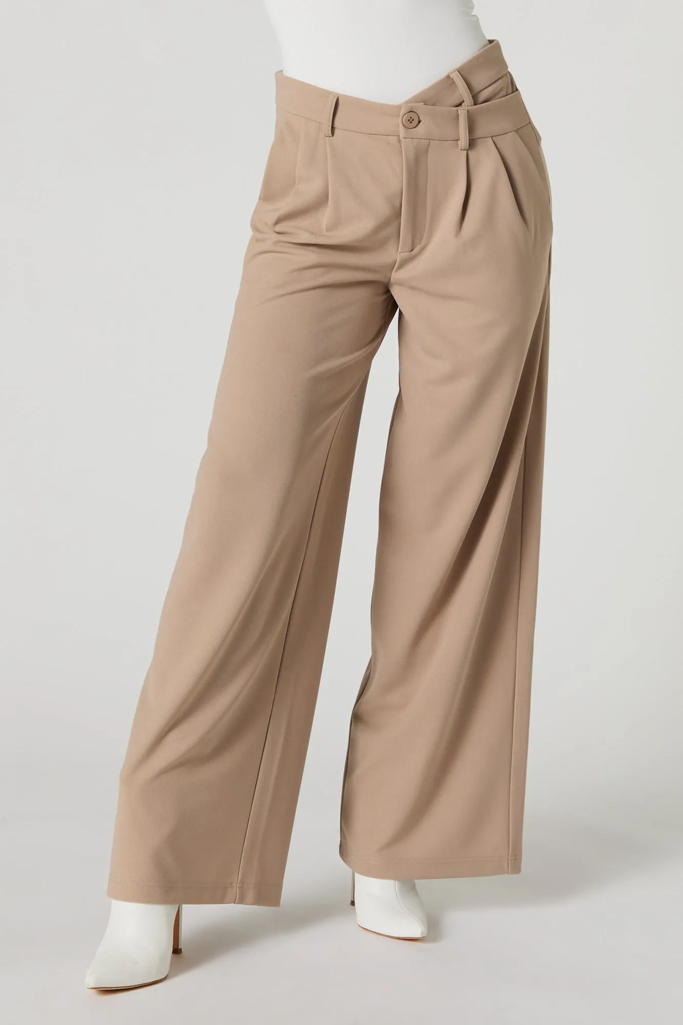 Asymmetrical V-Waist Wide Leg Dress Pant