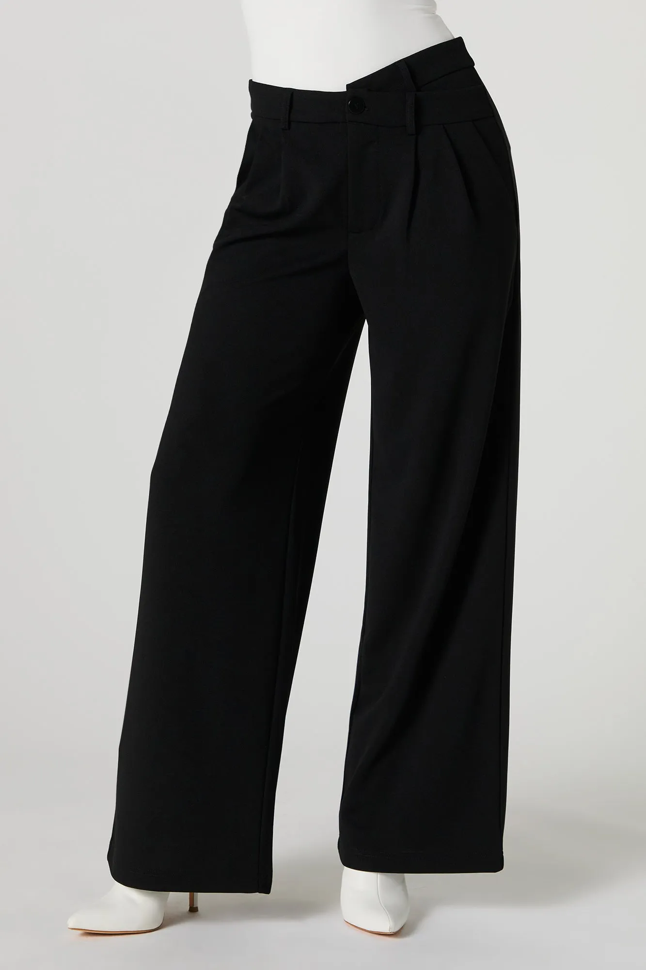 Asymmetrical V-Waist Wide Leg Dress Pant