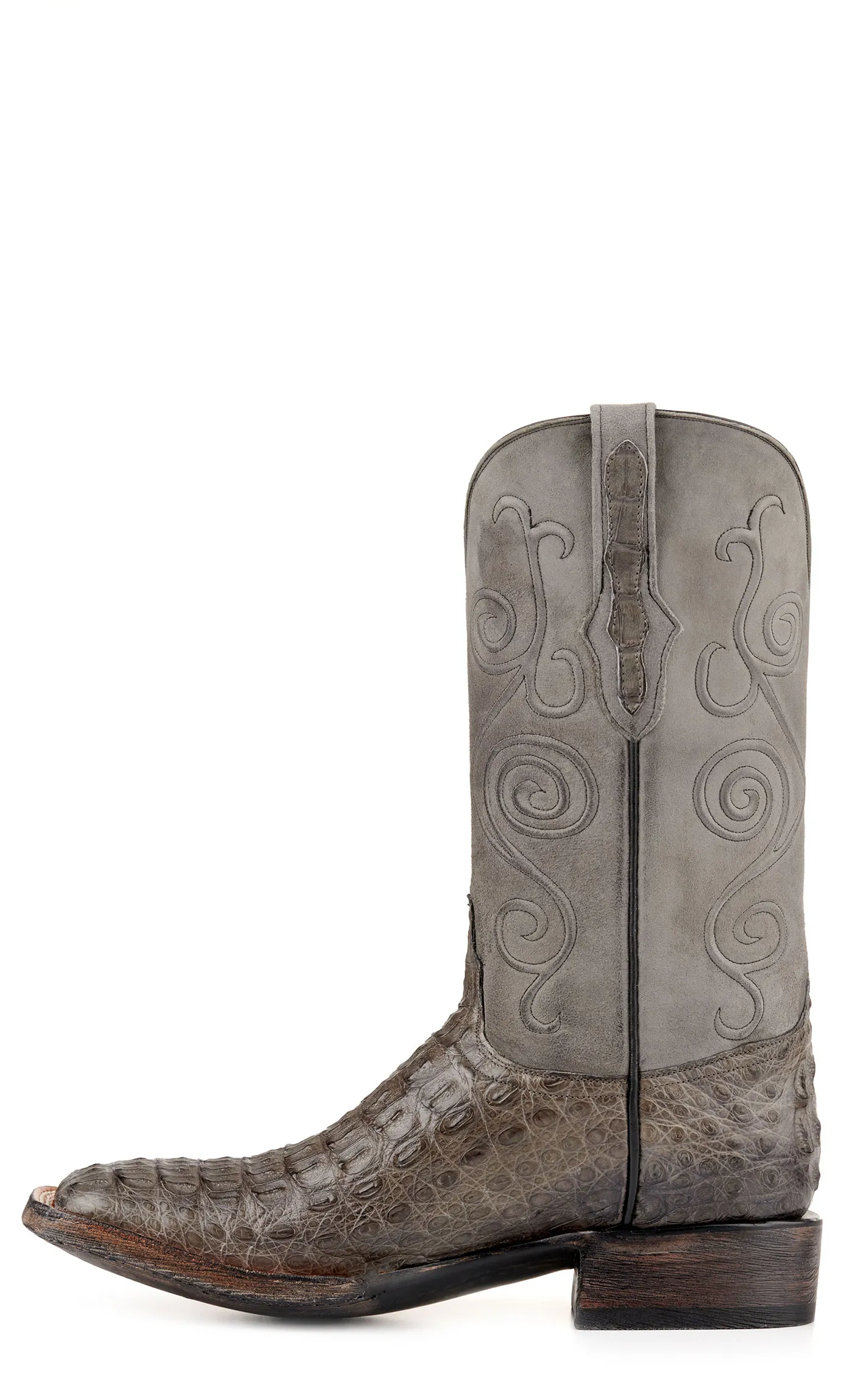 Black Jack Men's Burnished and Dark Grey Caiman Hornback Wide Square Toe Exotic Cowboy Boots