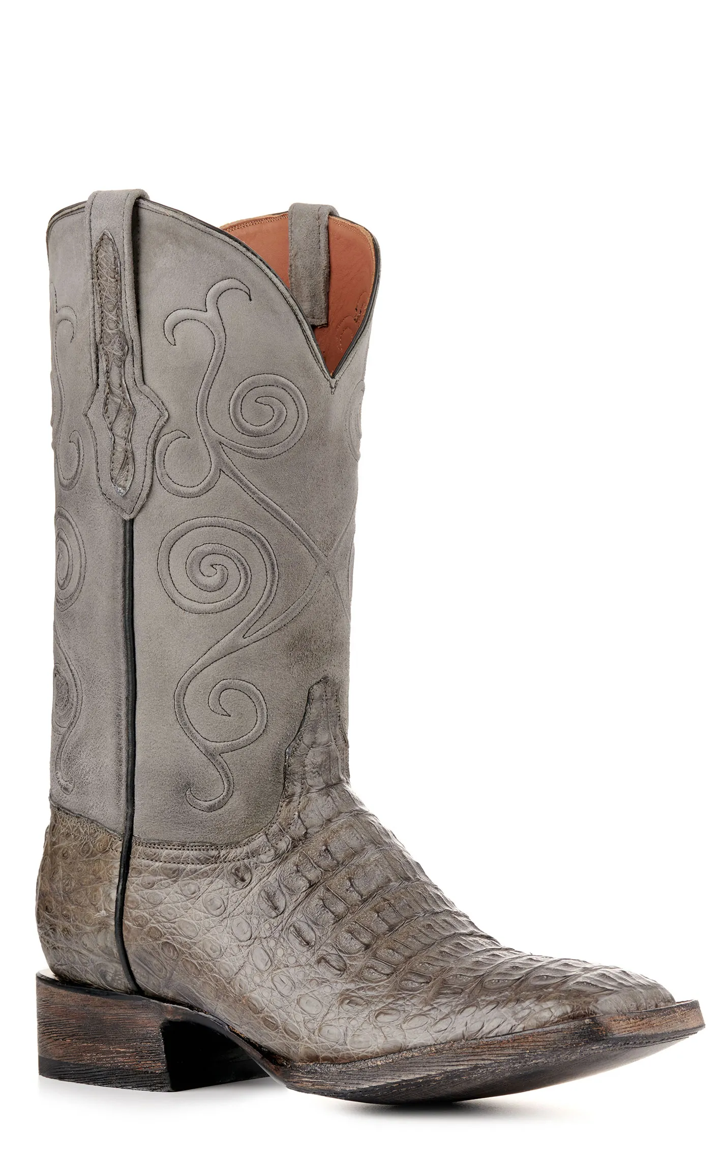 Black Jack Men's Burnished and Dark Grey Caiman Hornback Wide Square Toe Exotic Cowboy Boots