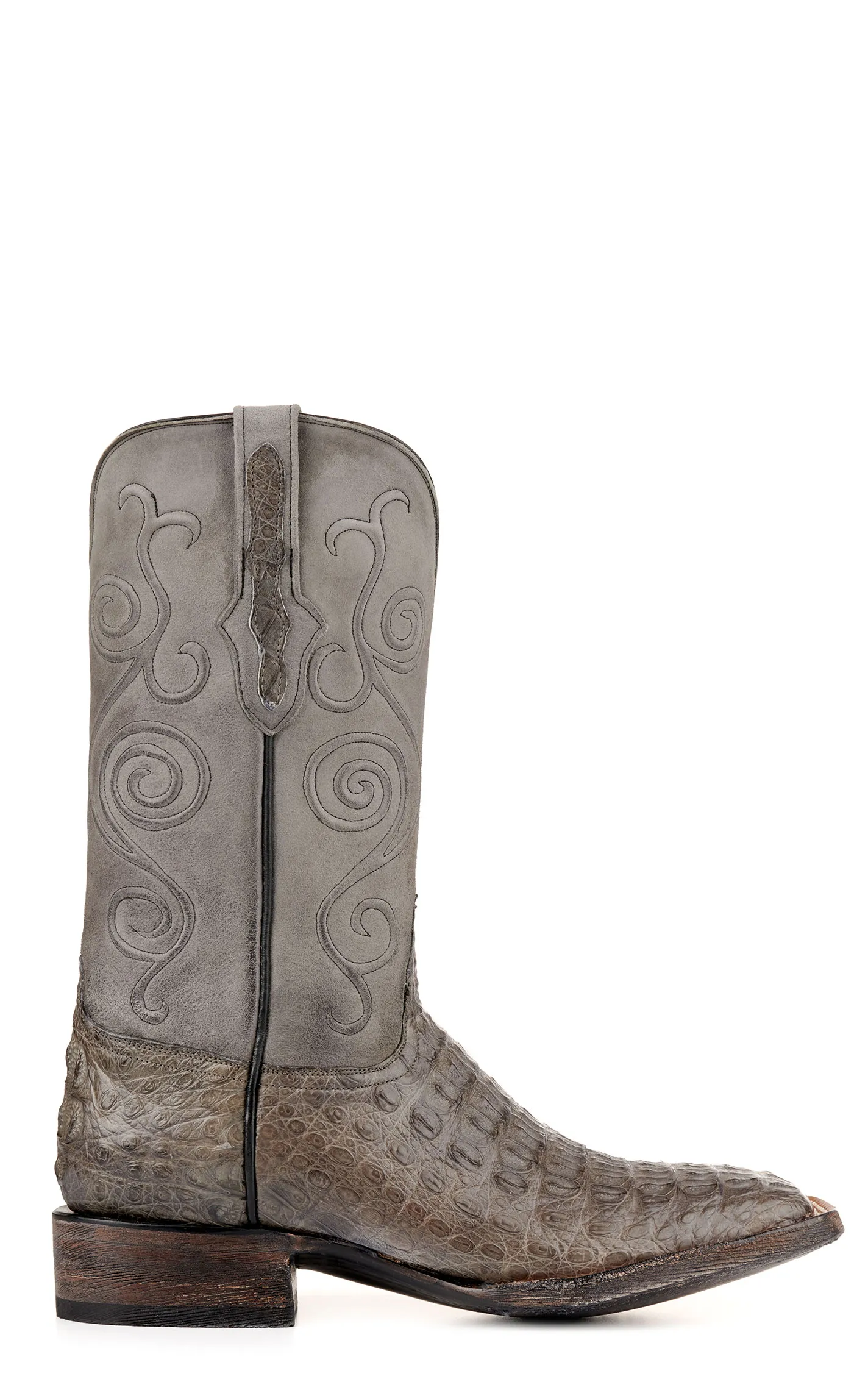 Black Jack Men's Burnished and Dark Grey Caiman Hornback Wide Square Toe Exotic Cowboy Boots