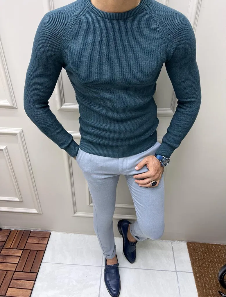 Bojoni Astoria Teal Slim Fit Crewneck Sweater