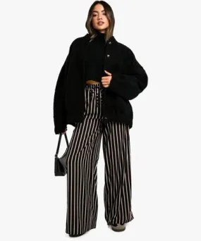 boohoo Womens Stripe Drawstring Waist Wide Leg Pants