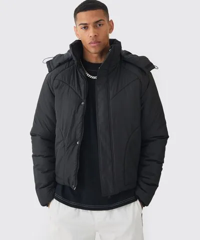 boohooMAN Mens Boxy Quilted Hooded Puffer Coat In Black