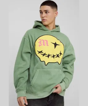 boohooMAN Mens Oversized Puff Print Smiley Graphic Washed Hoodie