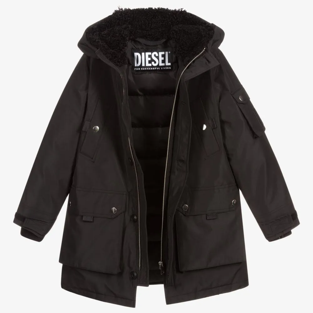 Boys Black Hooded Parka Coat