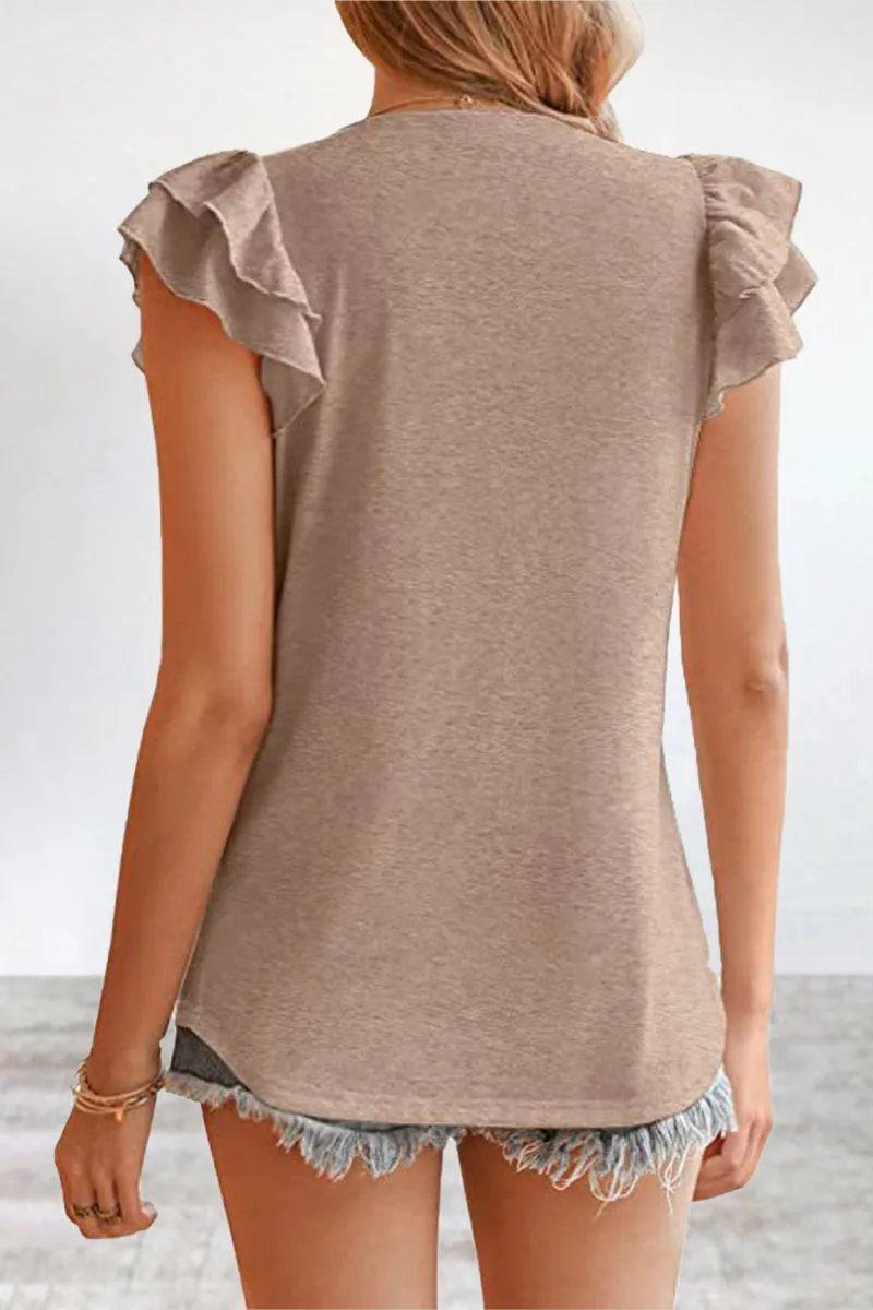 Casual Simplicity Solid Flounce V Neck T-Shirts(5 Colors)