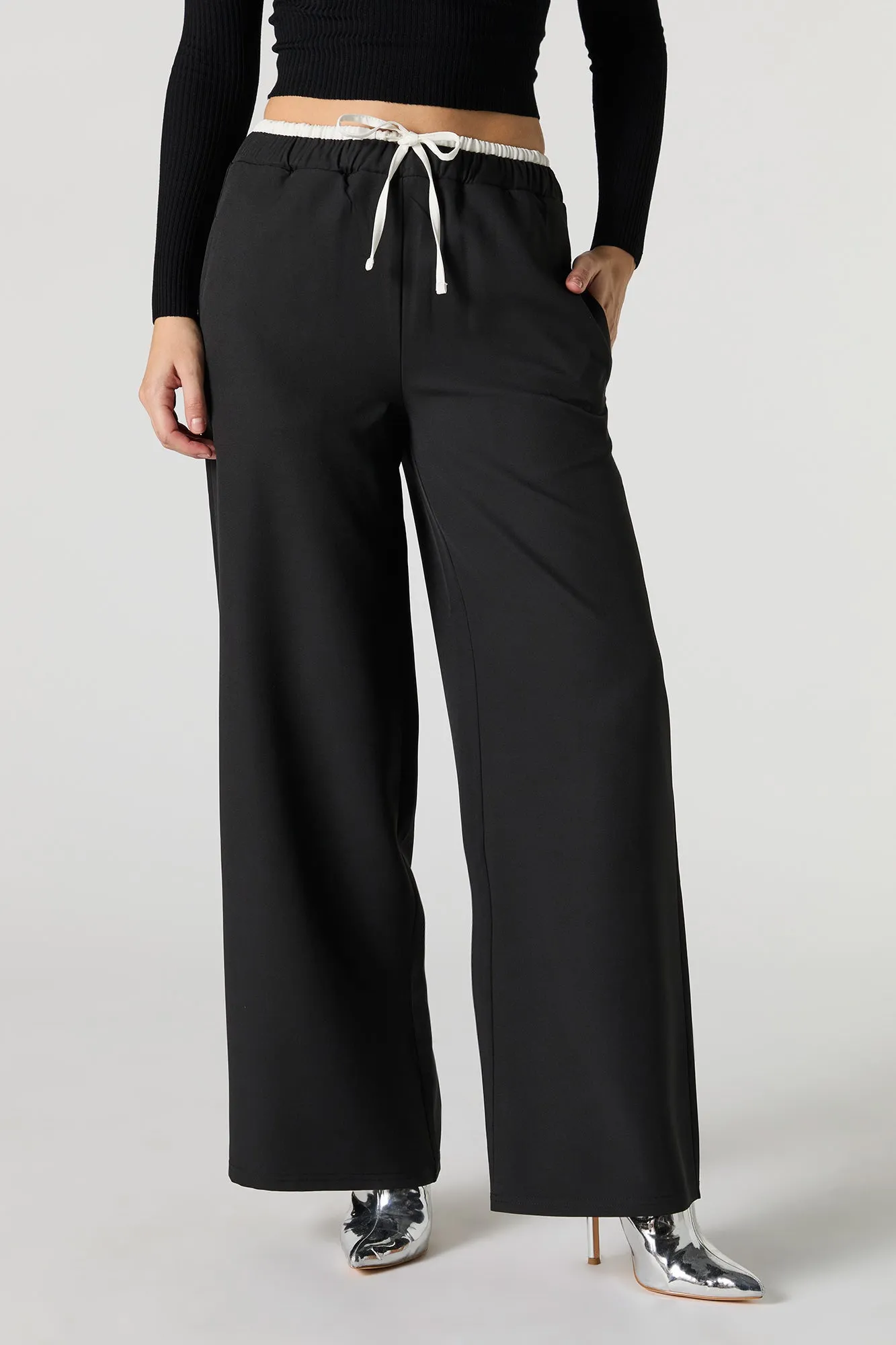 Contrast Waistband Wide Leg Dress Pant