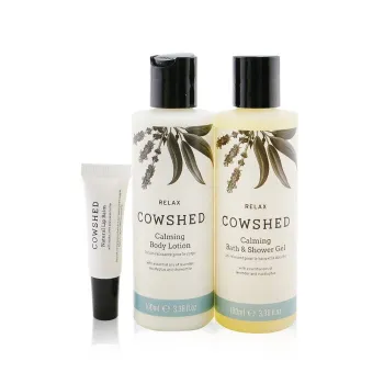 Cowshed Relax Calming Essentials Set: Bath & Shower Gel 100ml+ Body Lotion 100ml+ Natural Lip Balm 5ml+ Bag 3pcs+1bag -16%