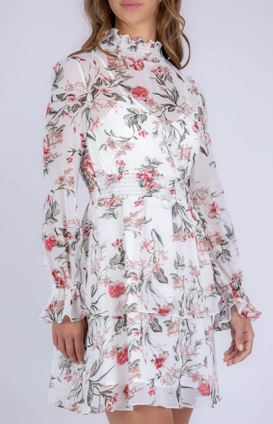 Floral Chiffon Dress with Shirred Detailing (ADR1086A)