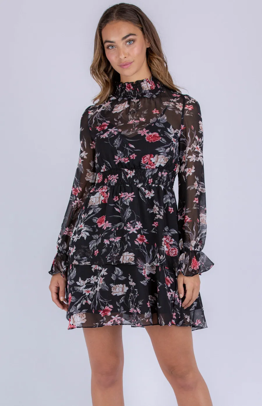 Floral Chiffon Dress with Shirred Detailing (ADR1086A)