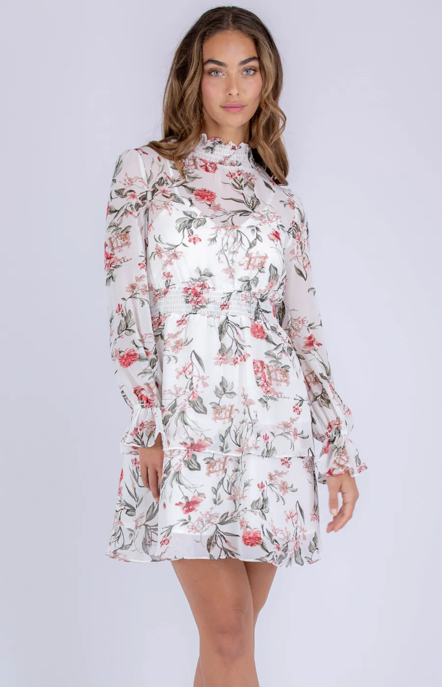 Floral Chiffon Dress with Shirred Detailing (ADR1086A)