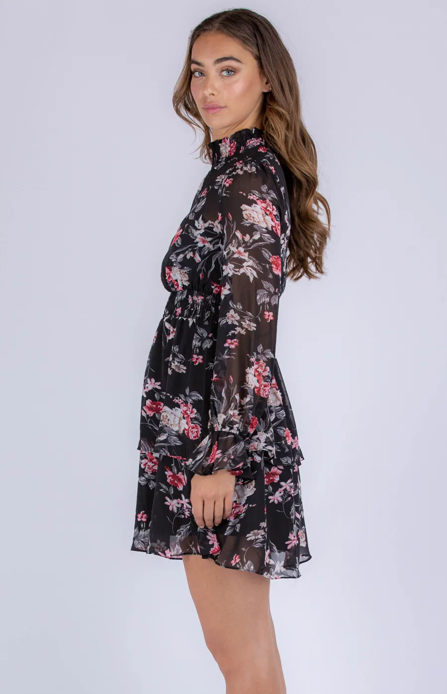 Floral Chiffon Dress with Shirred Detailing (ADR1086A)