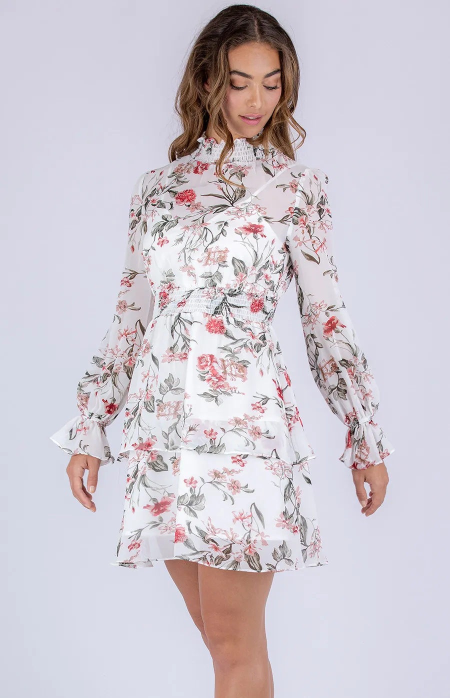 Floral Chiffon Dress with Shirred Detailing (ADR1086A)