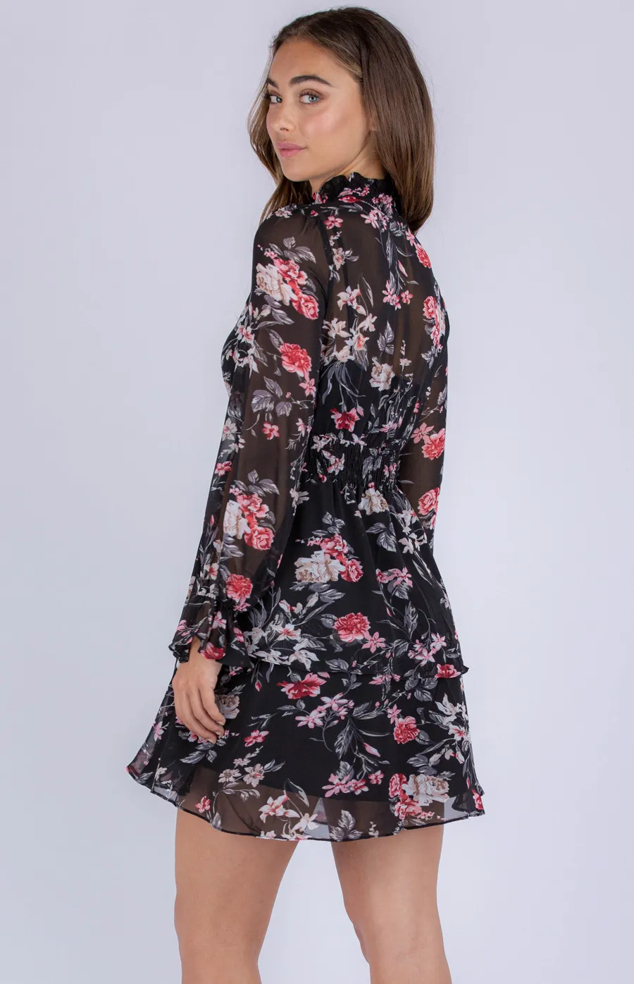 Floral Chiffon Dress with Shirred Detailing (ADR1086A)