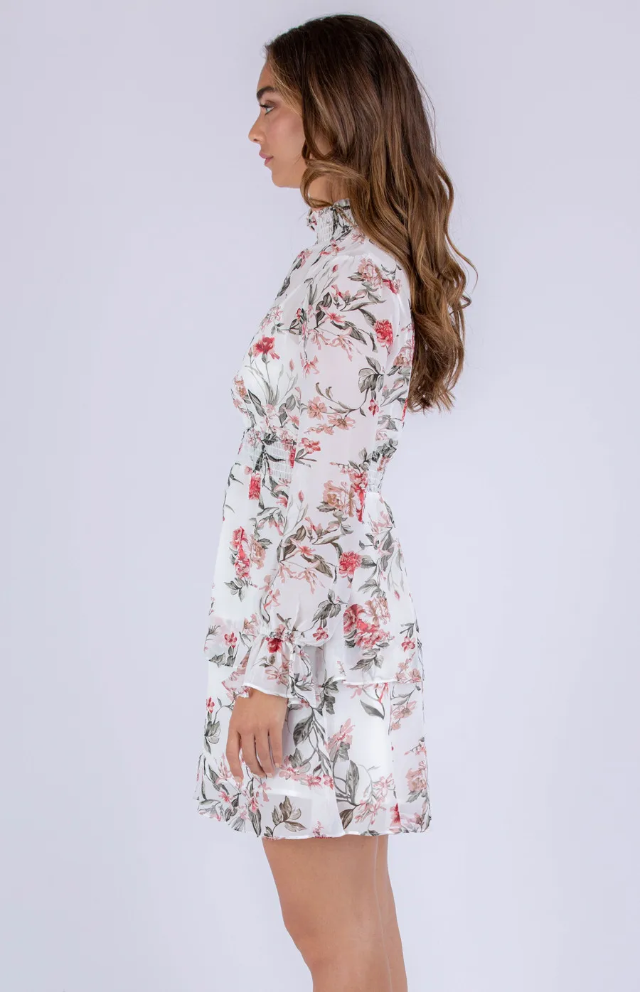 Floral Chiffon Dress with Shirred Detailing (ADR1086A)