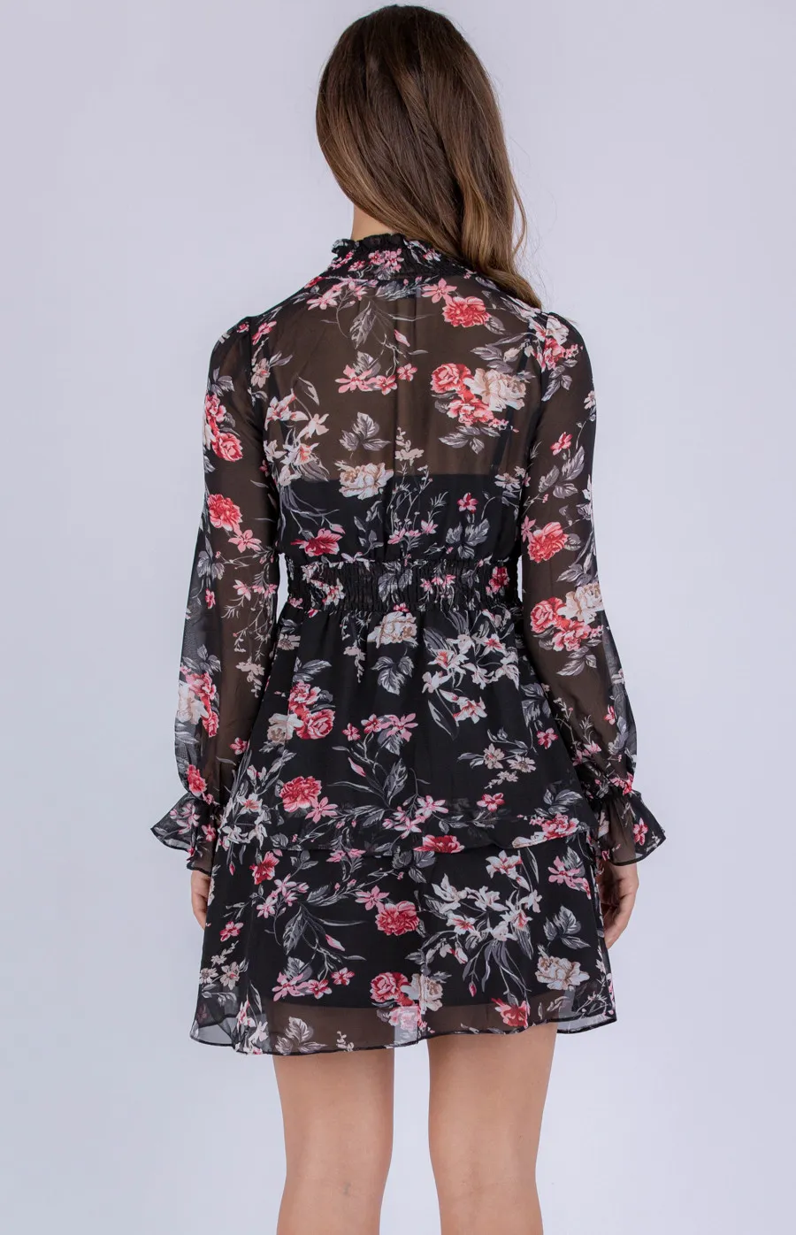 Floral Chiffon Dress with Shirred Detailing (ADR1086A)