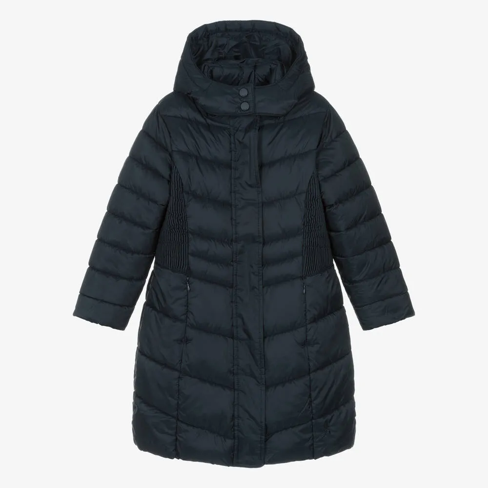 Girls Navy Blue Long Puffer Coat