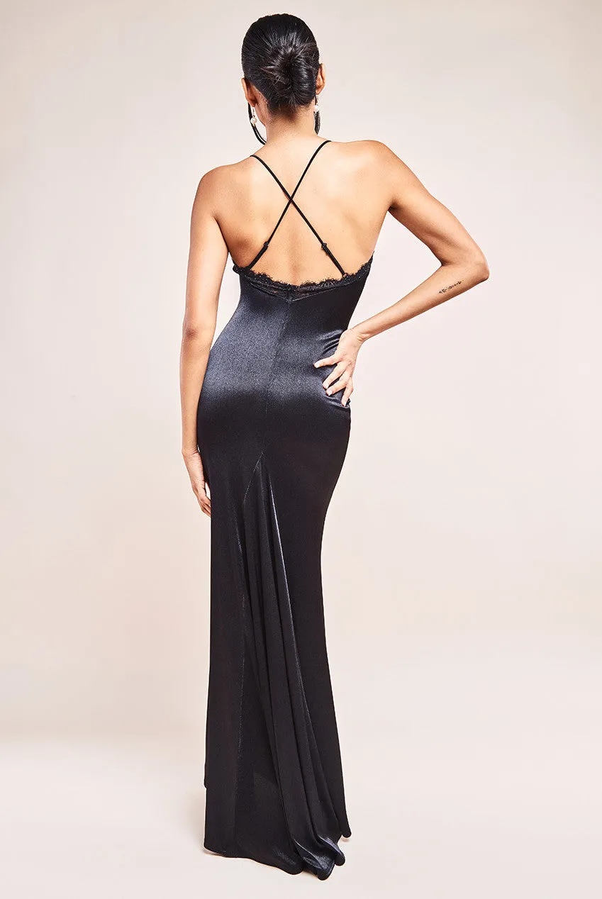 Goddiva Lace Neck Satin Twill Maxi Dress