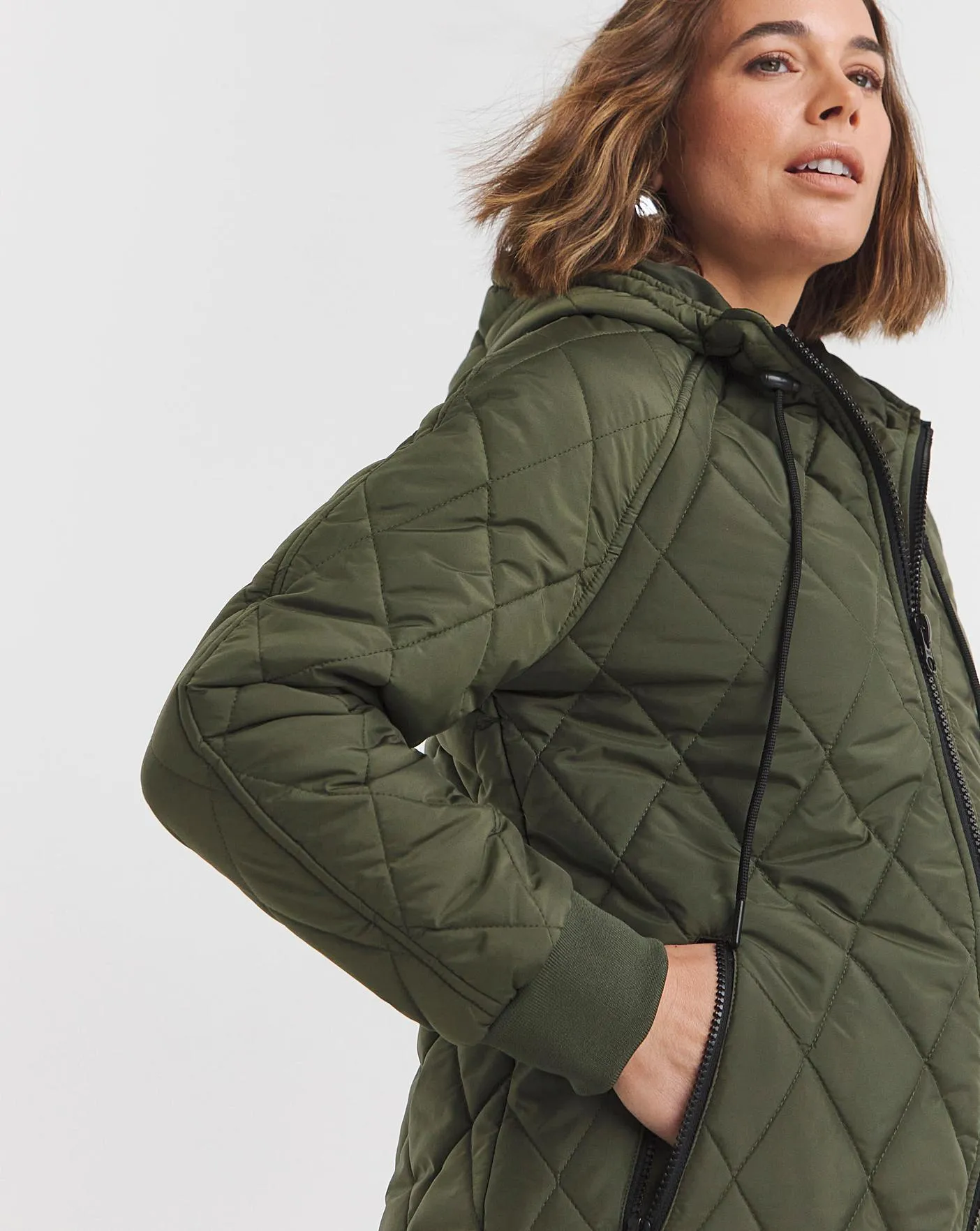 Khaki Mid Length Quilted Coat