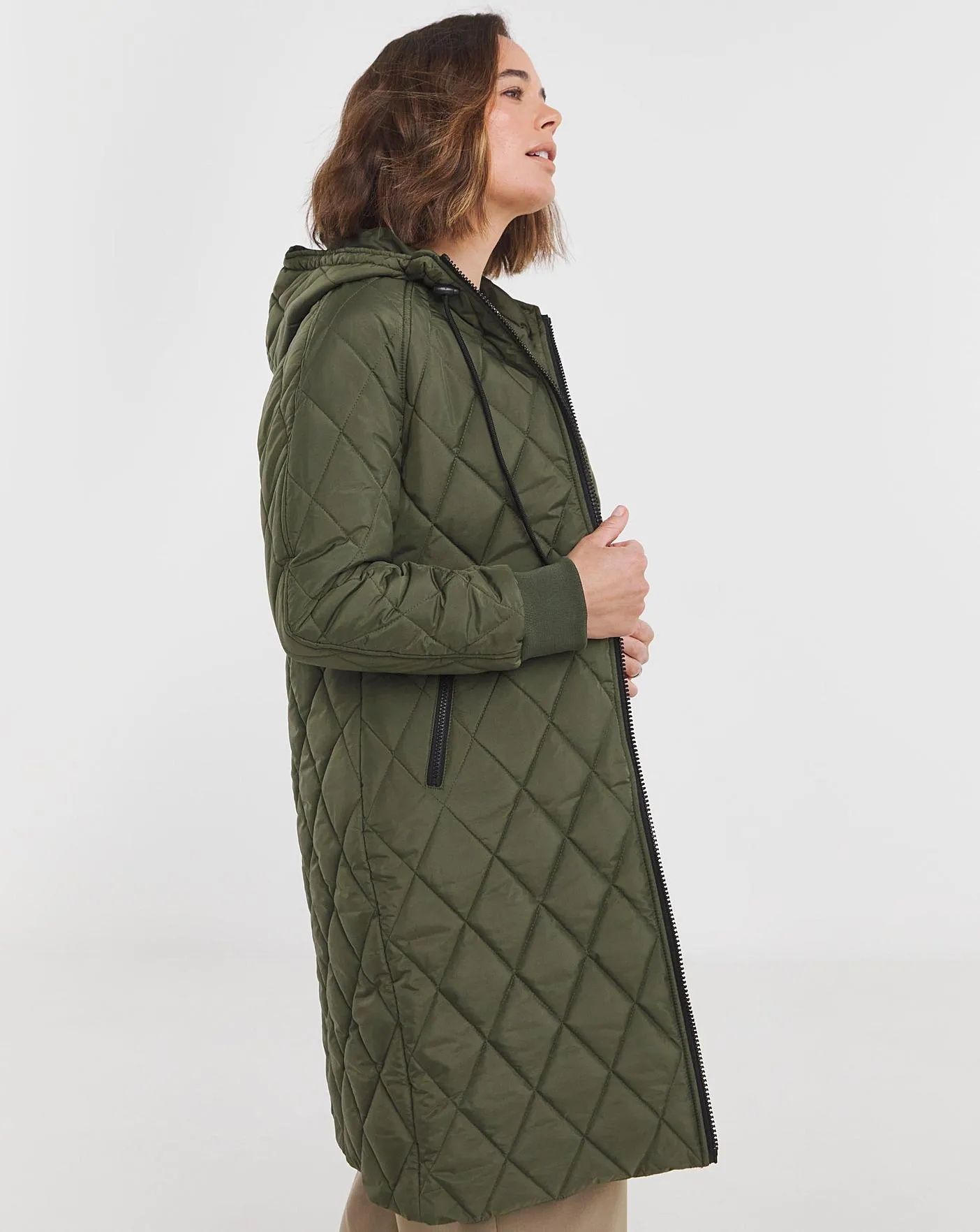 Khaki Mid Length Quilted Coat