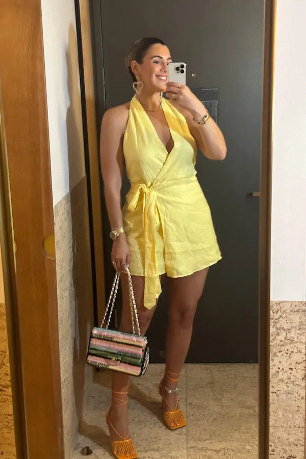 Linen V-Neck Mini Dress Lemon