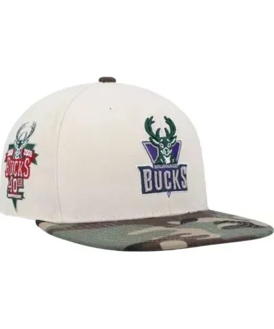 Mitchell & Ness Men's NBA Cream/Camo Milwaukee Bucks Hardwood Classics 40th Anniversary Off Fitted Hat