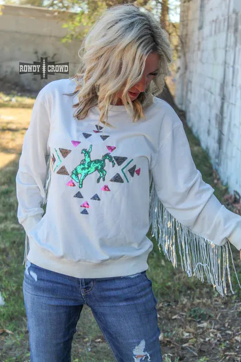 Online Exclusive | Casanova Sequin Fringe Long Sleeve Sweater in White