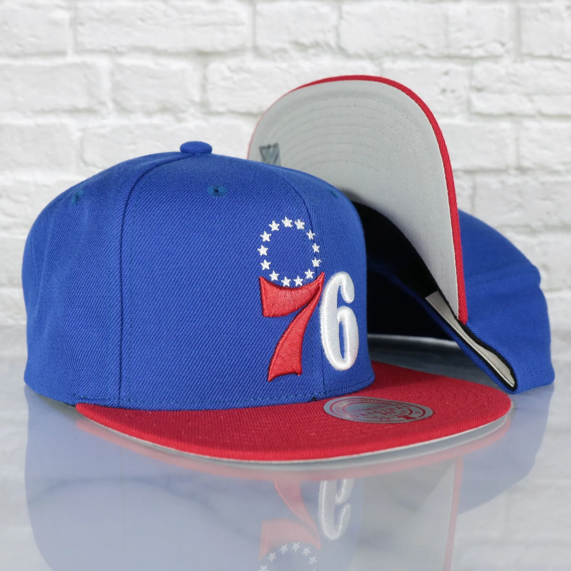 Philadelphia 76ers Vintage Retro NBA Team 2 Tone Mitchell and Ness Snapback Hat | Royal Blue/Red