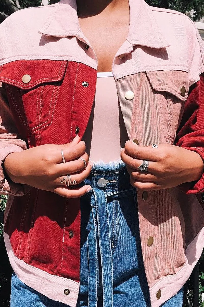 Pink Contrast Oversized Denim Jacket - Keeli