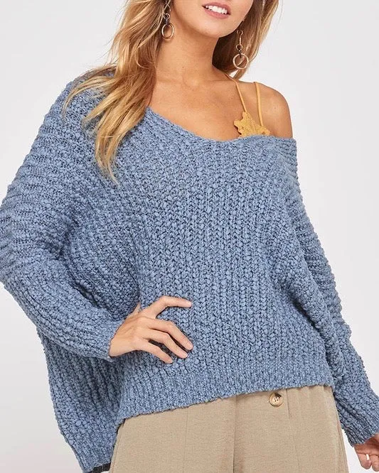 Popcorn Textured V-neck Knit Sweater Pullover in Misty Blue