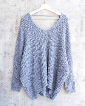 Popcorn Textured V-neck Knit Sweater Pullover in Misty Blue