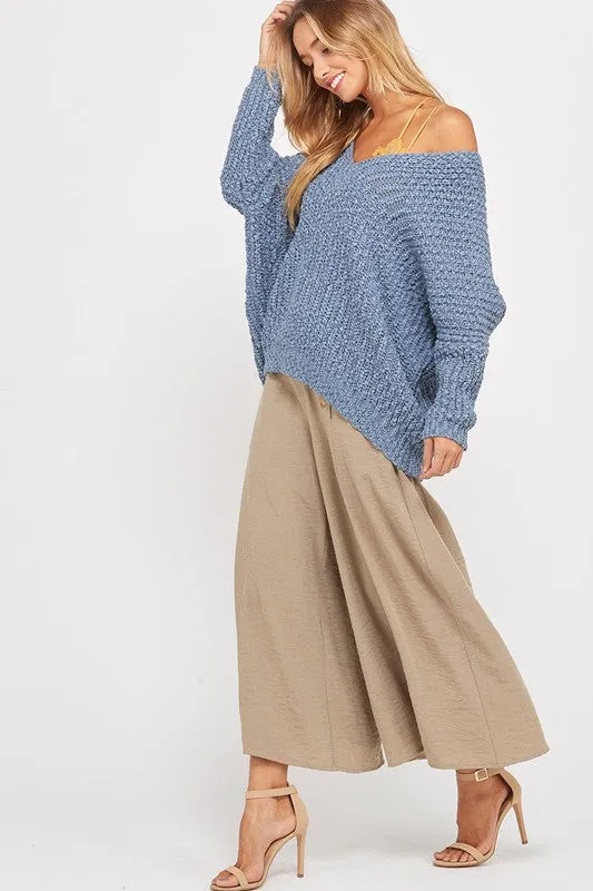 Popcorn Textured V-neck Knit Sweater Pullover in Misty Blue