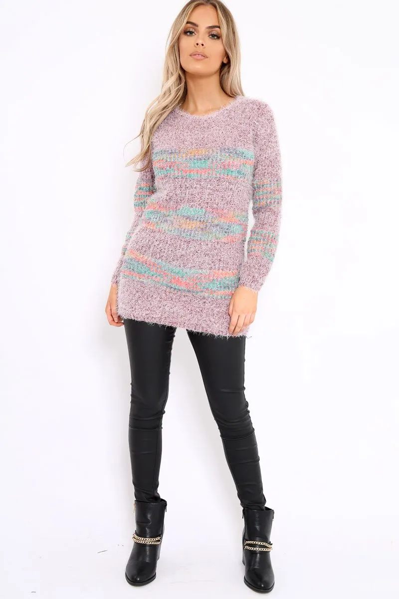 Rose Fur Knit Jumper with colourful stripe detail - Anabella