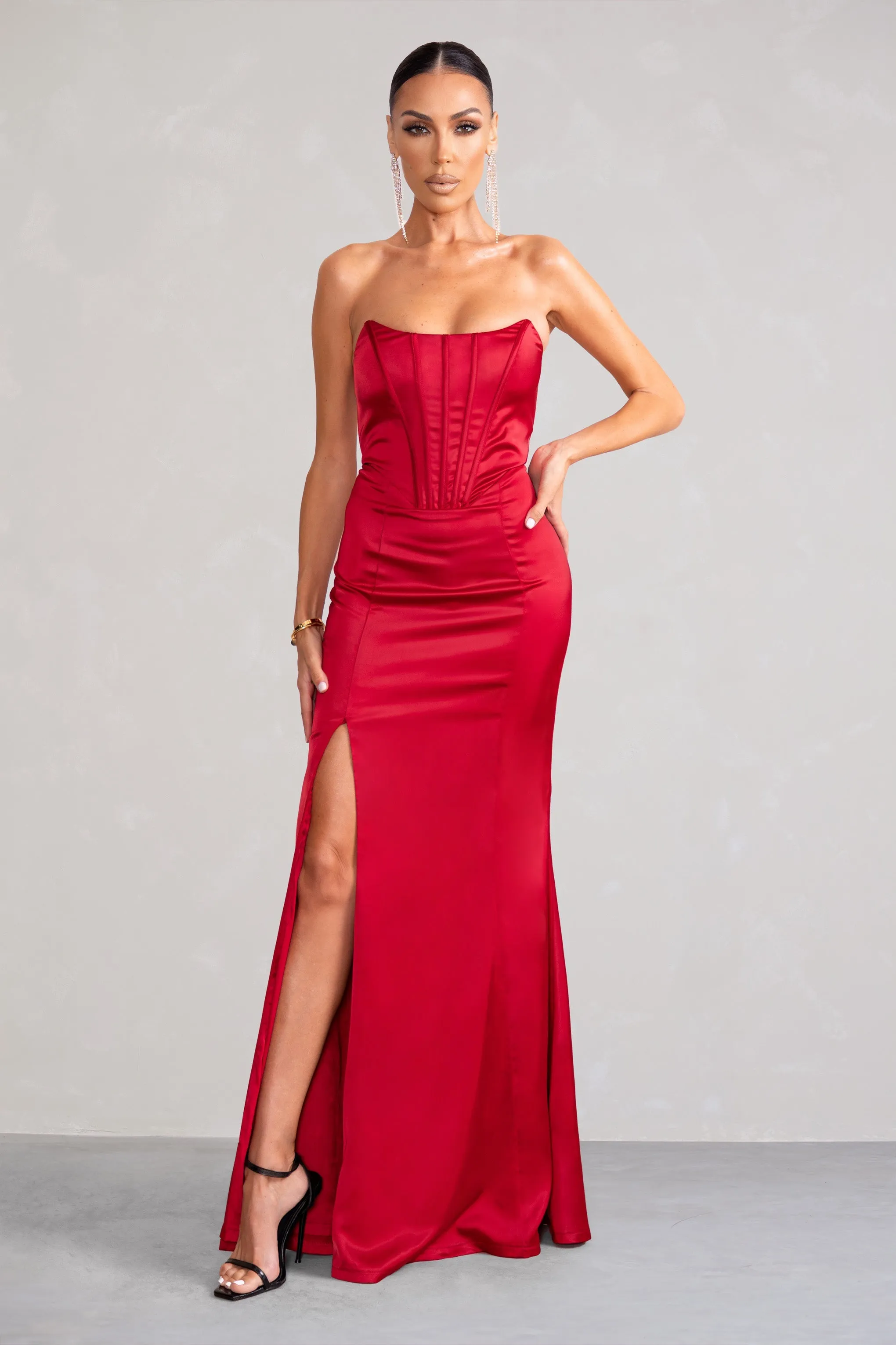 Sensual Notes | Red Satin Strapless Corset Thigh Split Fishtail Maxi Dress