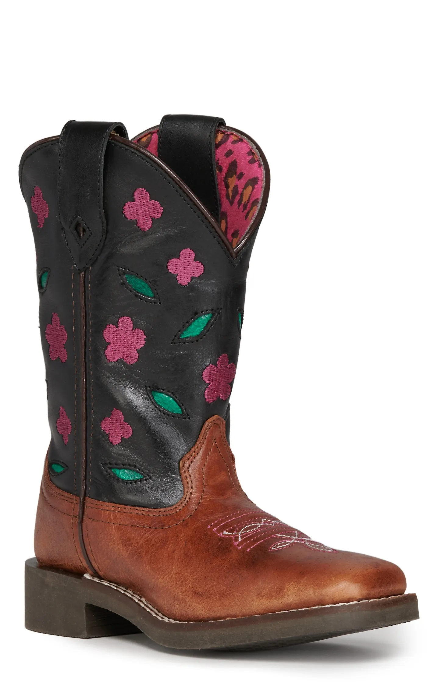 Smoky Mountain Girls' Brown and Black with Pink Floral Embroidery Square Toe Cowboy Boots