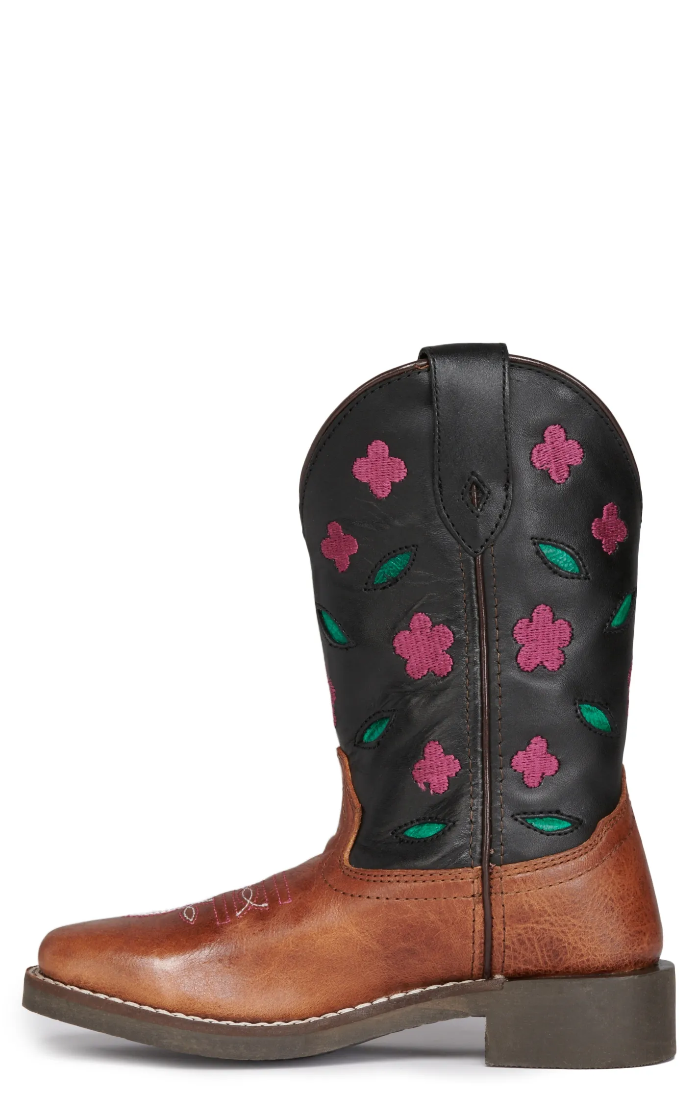 Smoky Mountain Girls' Brown and Black with Pink Floral Embroidery Square Toe Cowboy Boots