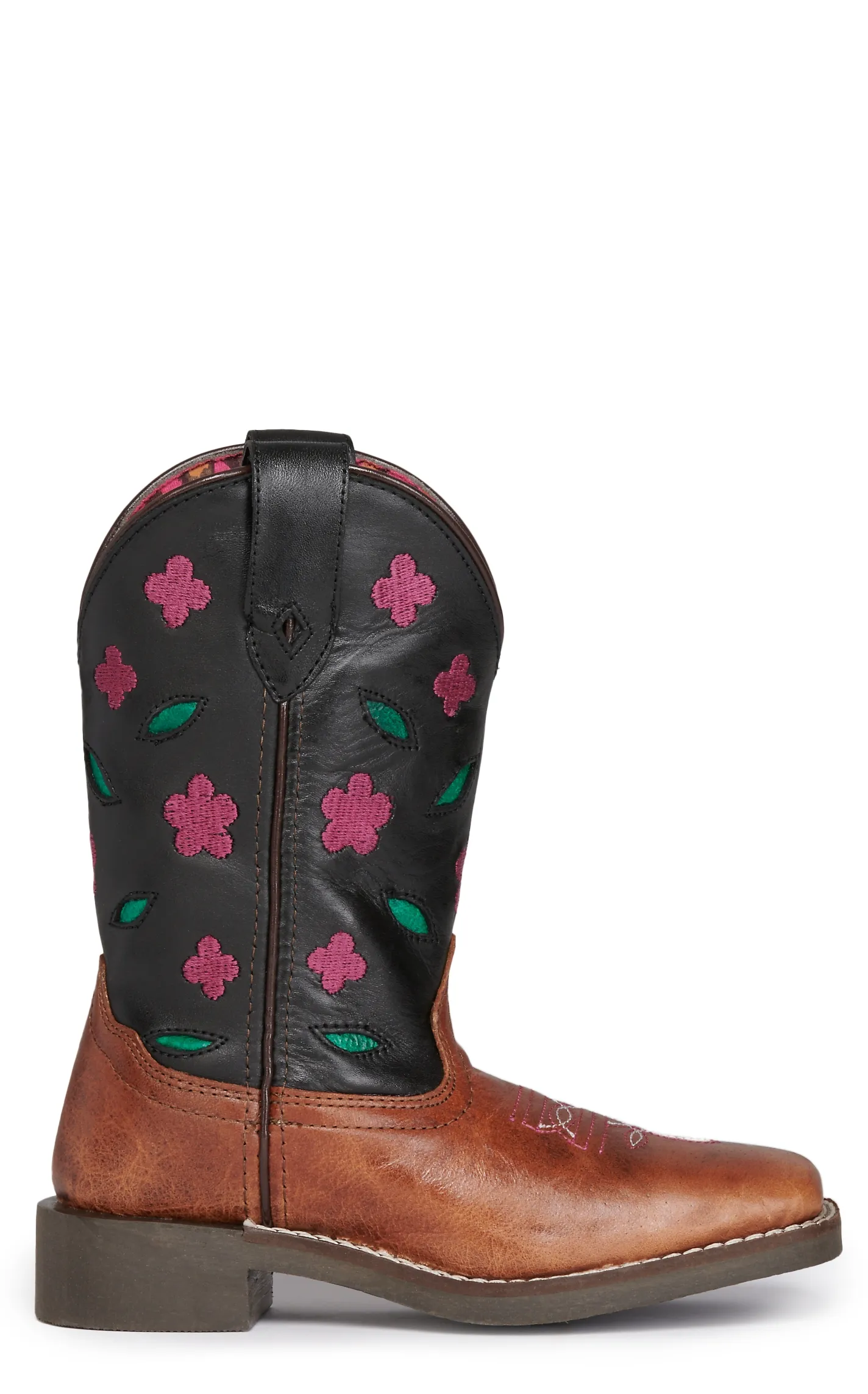 Smoky Mountain Girls' Brown and Black with Pink Floral Embroidery Square Toe Cowboy Boots