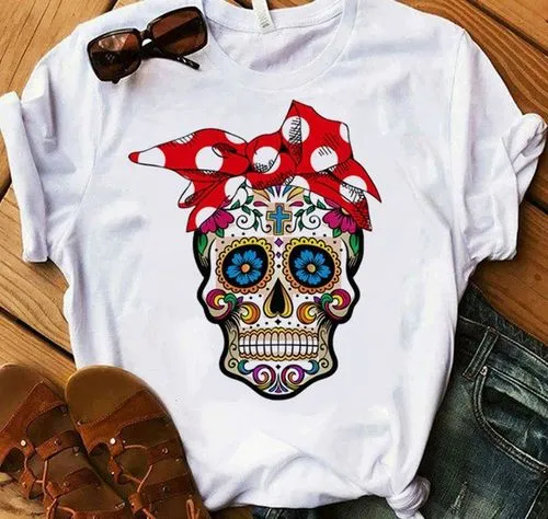 T-shirt Short Sleeve T-shirts Printing Vintage Style American Flag Bow Knot Skull