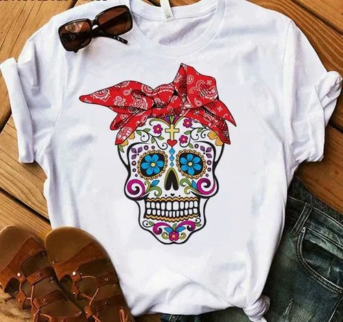 T-shirt Short Sleeve T-shirts Printing Vintage Style American Flag Bow Knot Skull