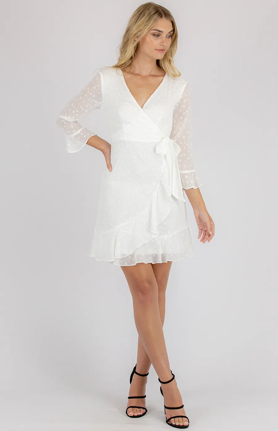 Textured 3/4 Sleeve Faux Wrap Dress with Frill Hem (SDR765A)