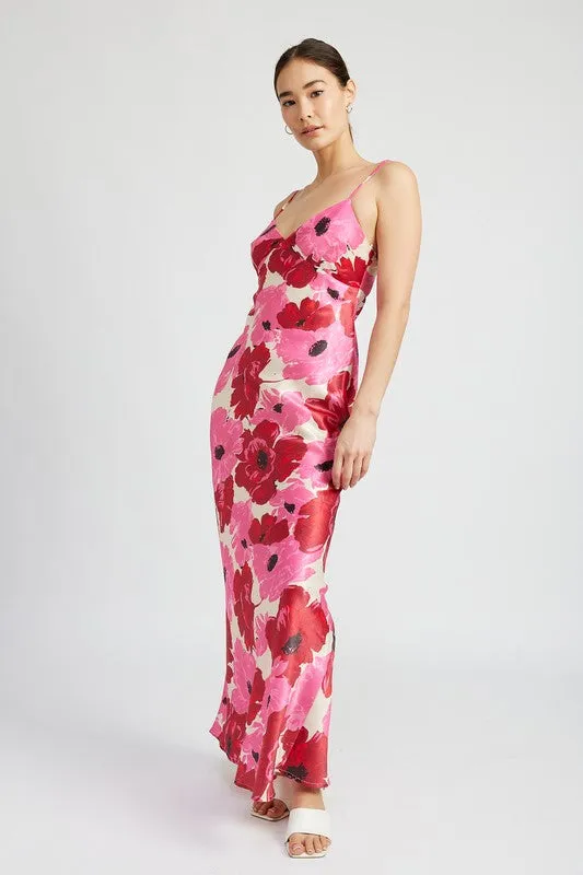 V NECK BIAS FLORAL MAXI DRESS