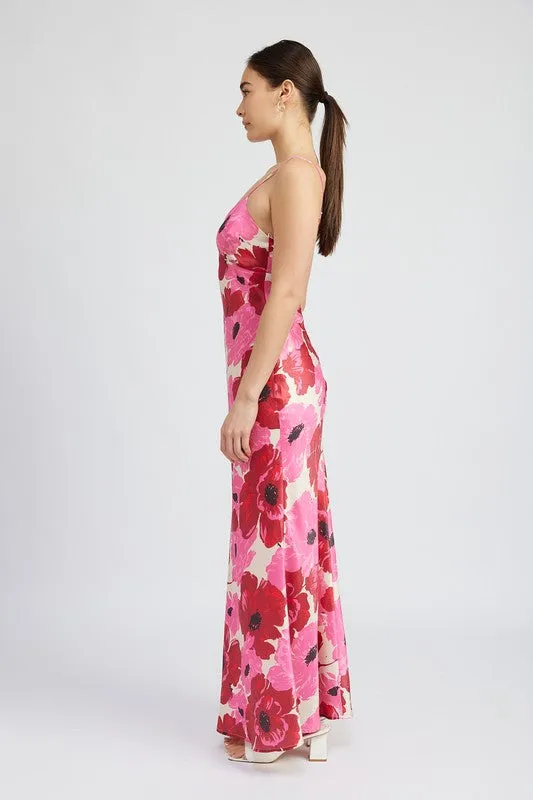 V NECK BIAS FLORAL MAXI DRESS