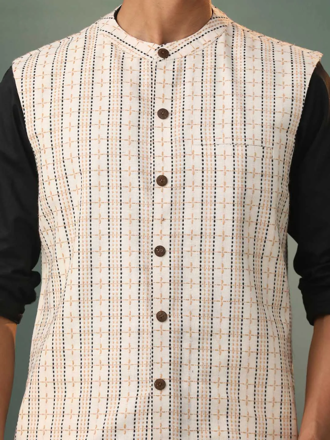 VASTRAMAY Men's Cream Thread Worked Cotton Nehru Jacket