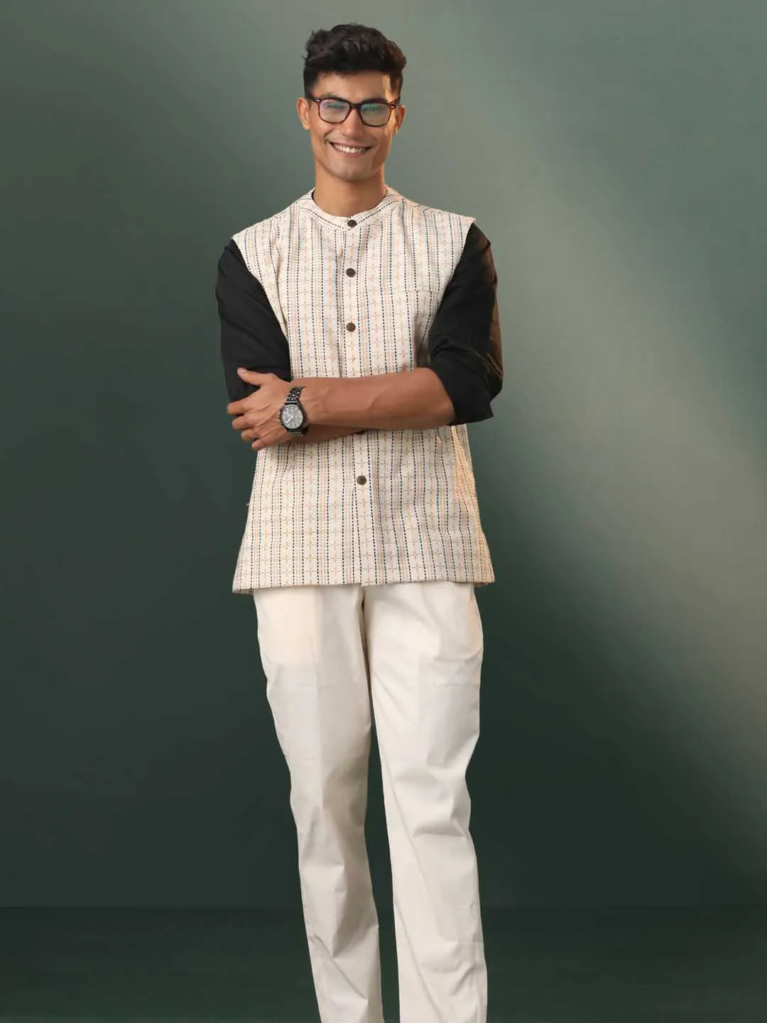 VASTRAMAY Men's Cream Thread Worked Cotton Nehru Jacket