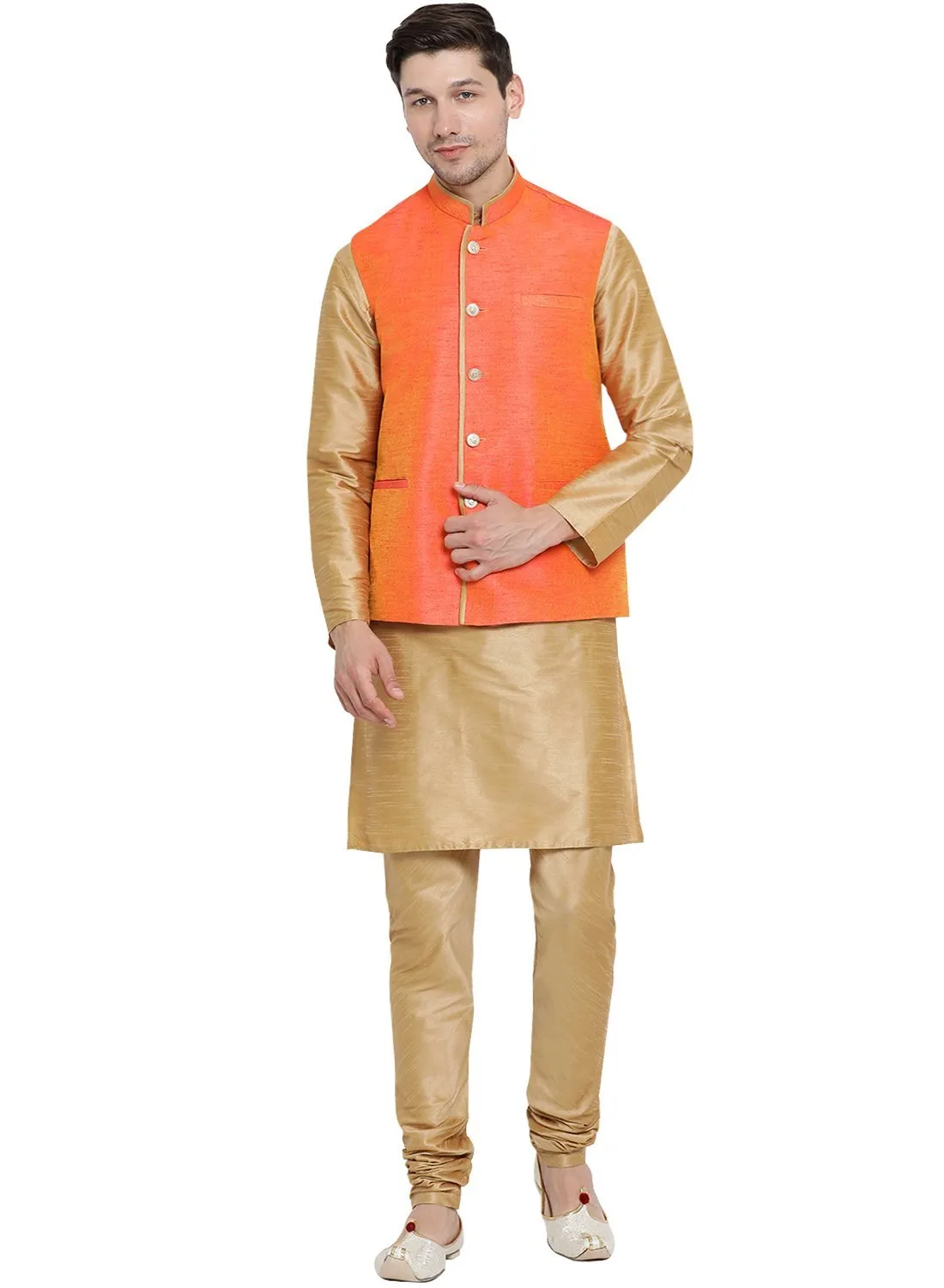 VASTRAMAY Men's Gold Cotton Silk Blend Kurta, Ethnic Jacket and Pyjama Set