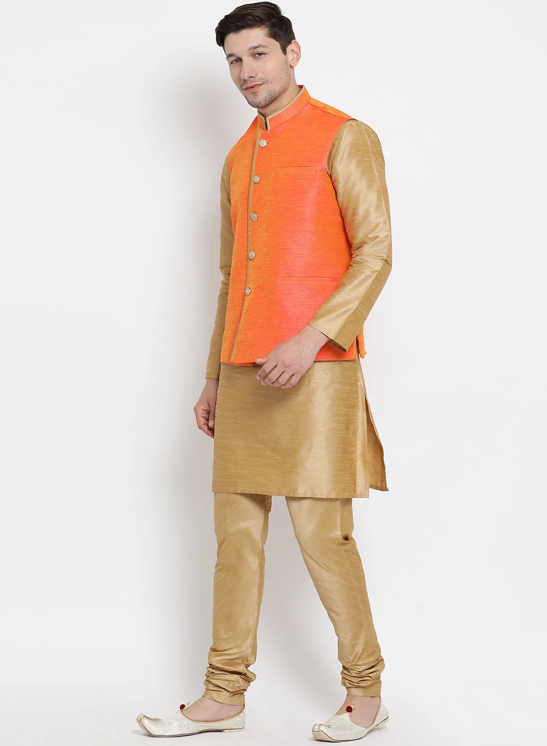 VASTRAMAY Men's Gold Cotton Silk Blend Kurta, Ethnic Jacket and Pyjama Set