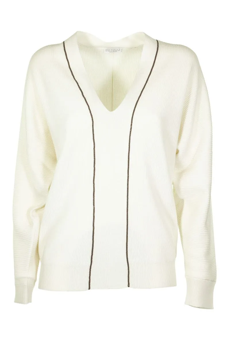 WHITE V-NECK SWEATER CASHMERE SWEATER WITH MONILI